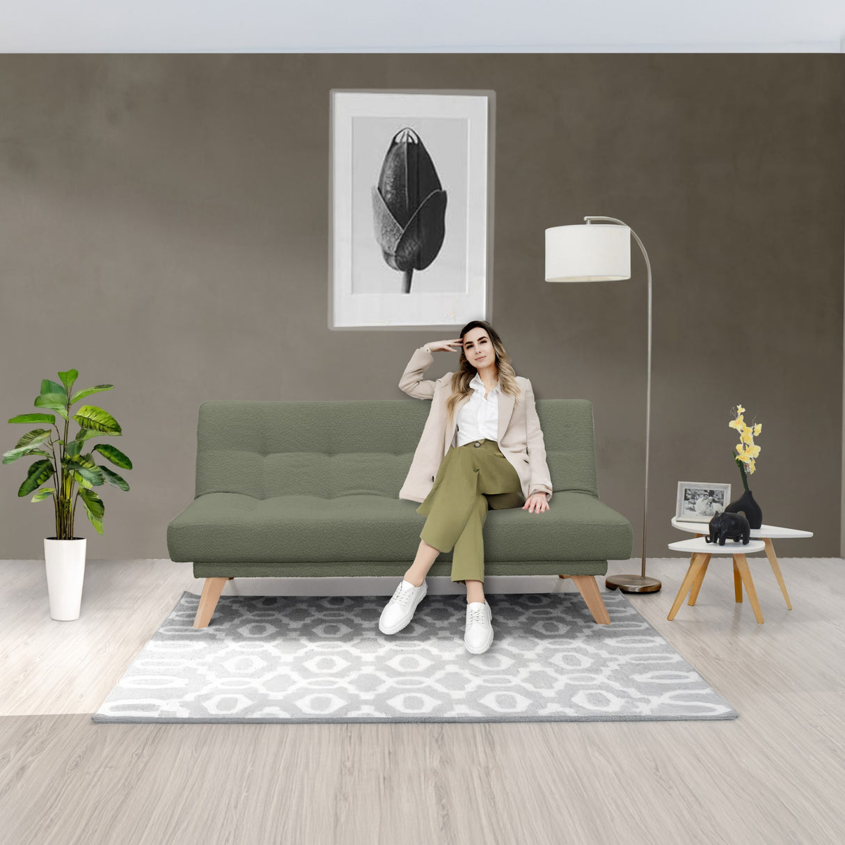 Sofá Cama Porto Verde Shaggy y Matiz Natural 182x85cm de Tres Puestos Reclinable sin Apoya Brazos