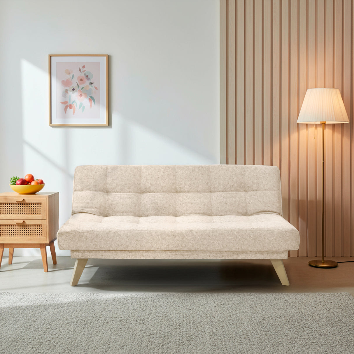 Sofá Cama Porto Beige Sky y Matiz Natural 182x85cm de Tres Puestos Reclinable sin Apoya Brazos