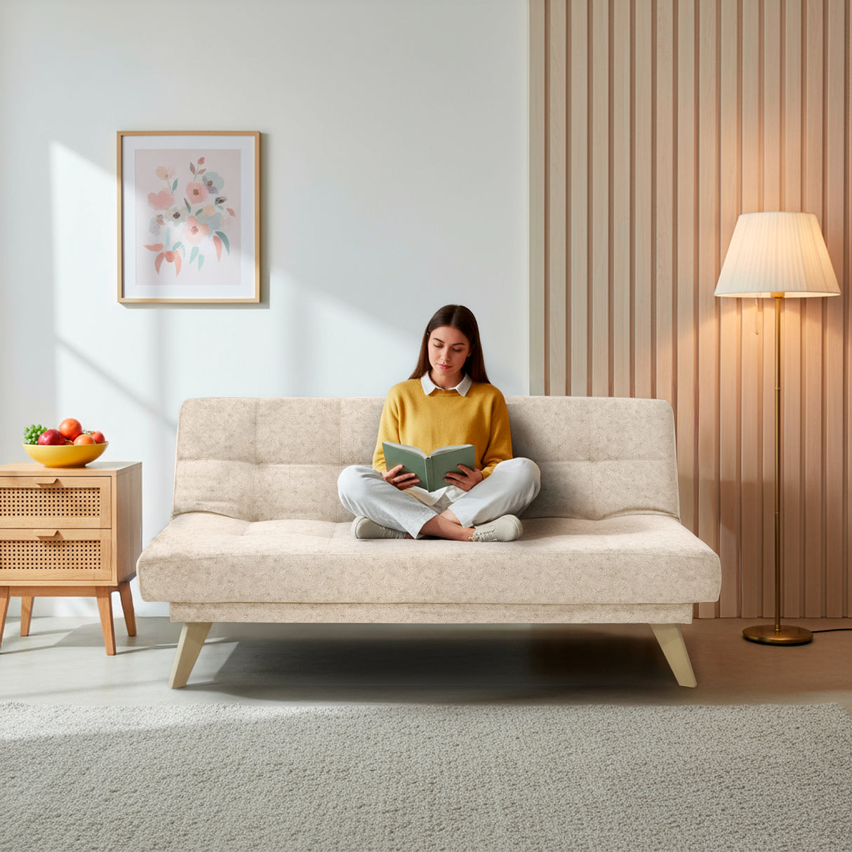 Sofá Cama Porto Beige Sky y Matiz Natural 182x85cm de Tres Puestos Reclinable sin Apoya Brazos