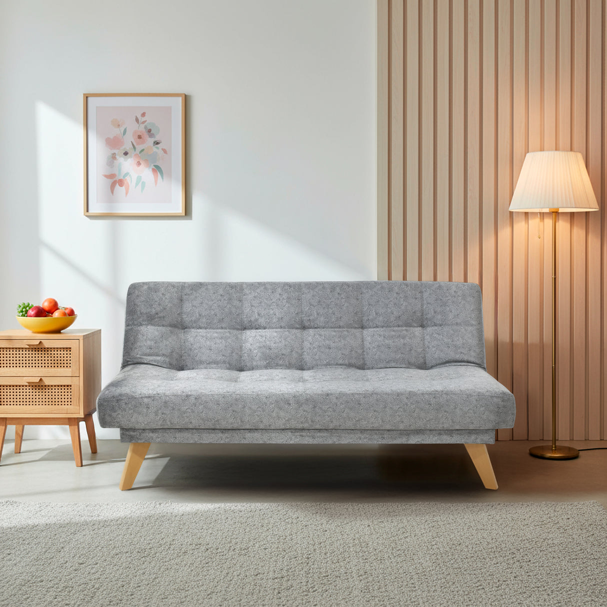 Sofá Cama Porto Gris Sky y Matiz Natural 182x85cm de Tres Puestos Reclinable sin Apoya Brazos