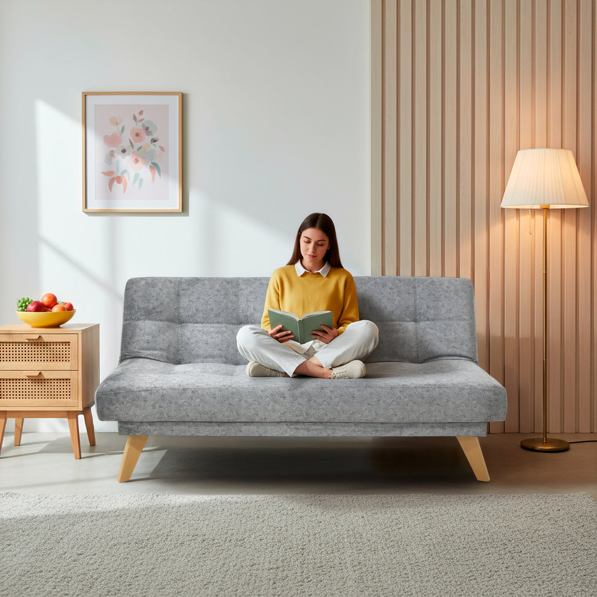 Sofá Cama Porto Gris Sky y Matiz Natural 182x85cm de Tres Puestos Reclinable sin Apoya Brazos