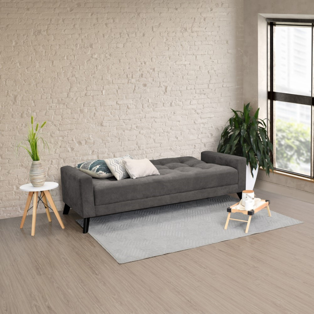 Sofá Cama Sahara Gris Dorsey y Matiz Negro 206x82cm de Tres Puestos Reclinable con Apoya Brazos