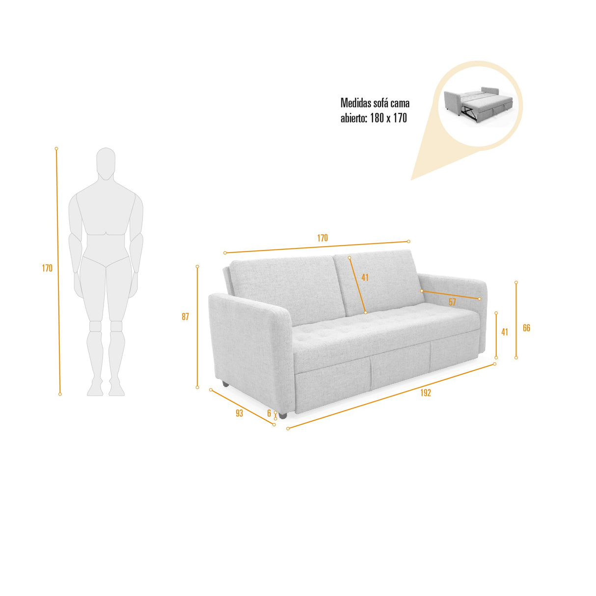 Sofá Cama Uganda Plomo Eureka y Matiz Caramelo 192x87cm de Tres Puestos con Apoya Brazos
