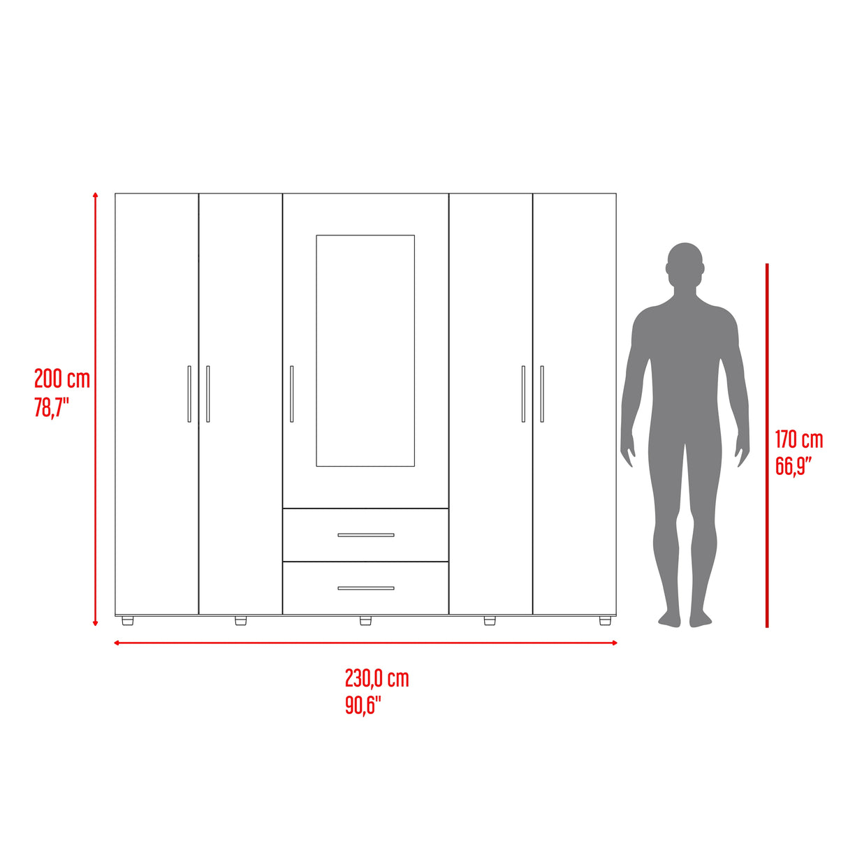 Closet Bigaf Avellana y Wengue 230x200cm Con Dos Cajones y Cuatro Entrepaños y Espejo