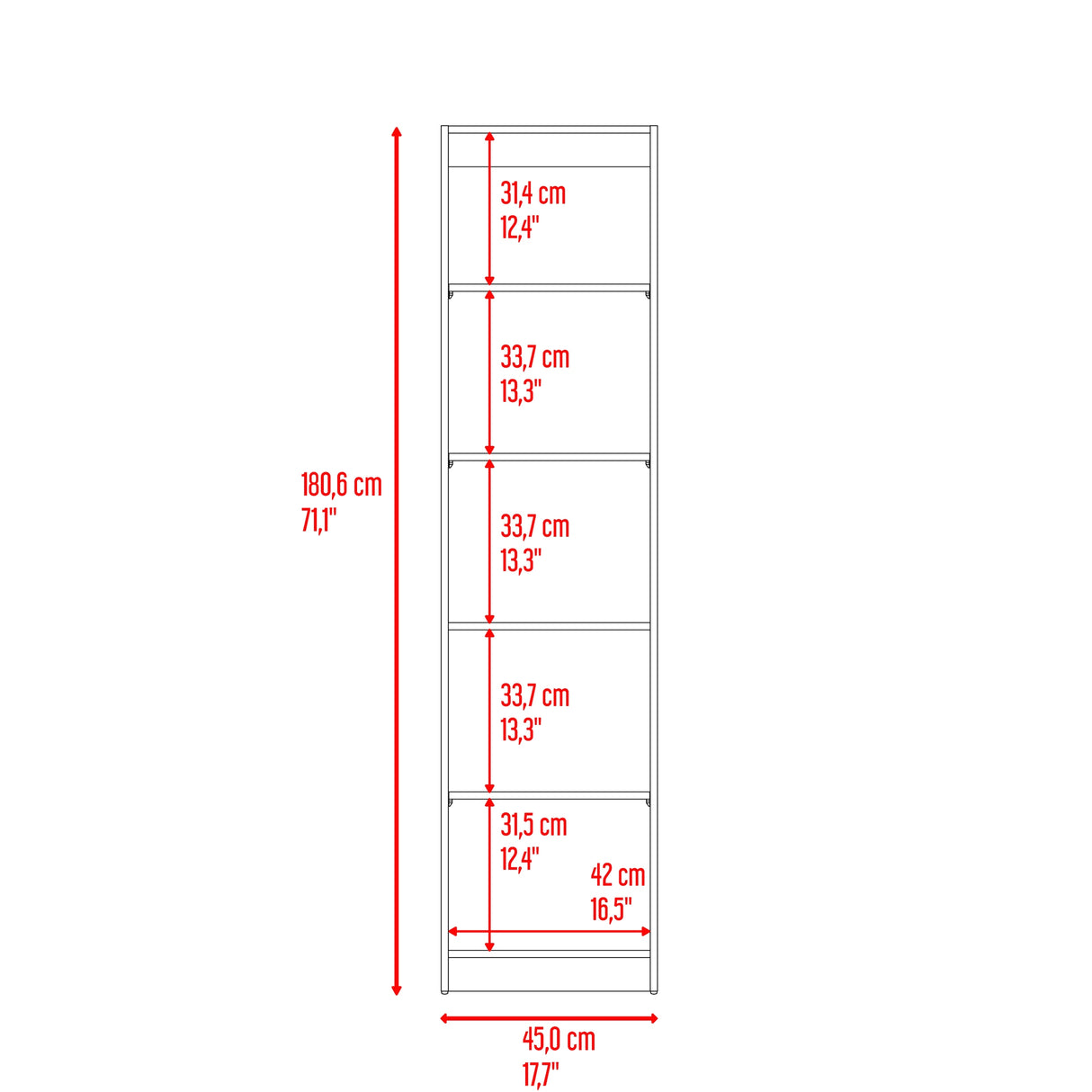 Estantería Home Fresno y Blanco 45x181cm con Cinco Compartimientos