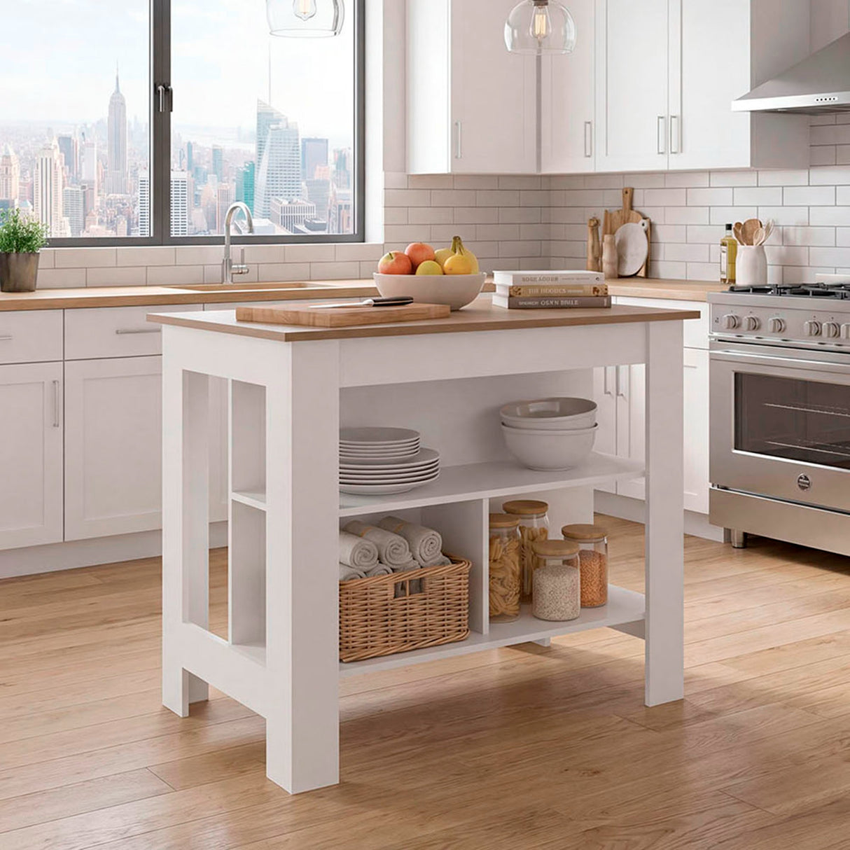 Isla de Cocina Cala Blanco Fresno 103x90cm con Un Entrepaño y Tres Compartimientos