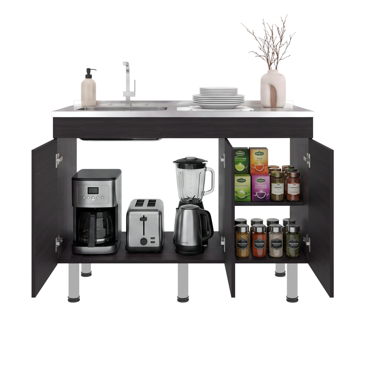 Mueble Inferior de Cocina Oceana Wengue 120x90cm con Mesón de Acero Inoxidable Lado Izquierdo con Un Entrepaño y sin Estufa