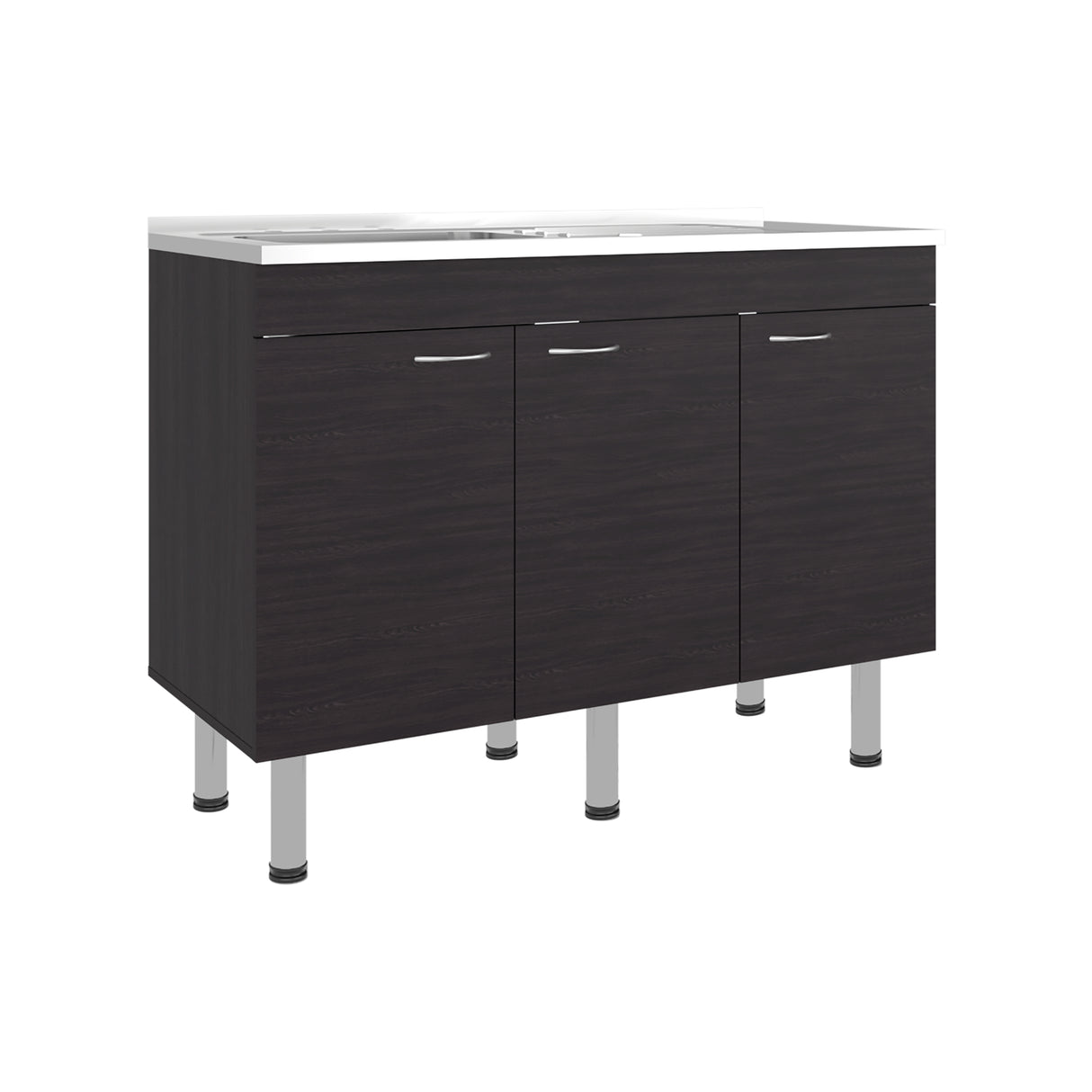 Mueble Inferior de Cocina Oceana Wengue 120x90cm con Mesón de Acero Inoxidable Lado Izquierdo con Un Entrepaño y sin Estufa