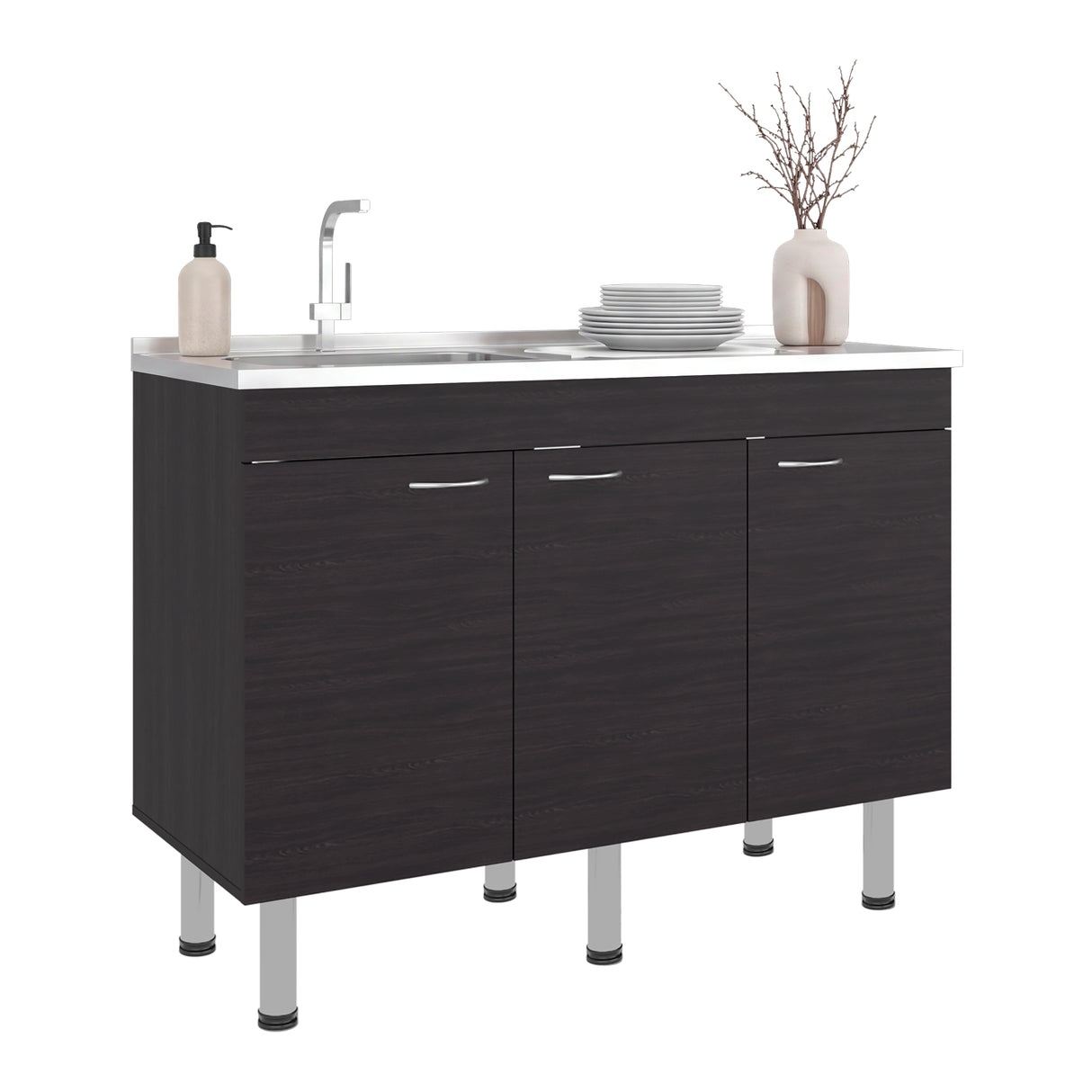 Mueble Inferior de Cocina Oceana Wengue 120x90cm con Mesón de Acero Inoxidable Lado Izquierdo con Un Entrepaño y sin Estufa