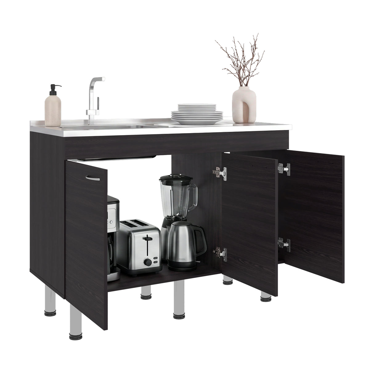 Mueble Inferior de Cocina Oceana Wengue 120x90cm con Mesón de Acero Inoxidable Lado Izquierdo con Un Entrepaño y sin Estufa