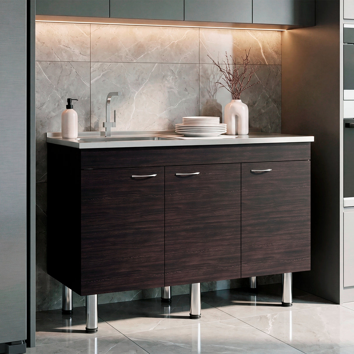 Mueble Inferior de Cocina Oceana Wengue 120x90cm con Mesón de Acero Inoxidable Lado Izquierdo con Un Entrepaño y sin Estufa
