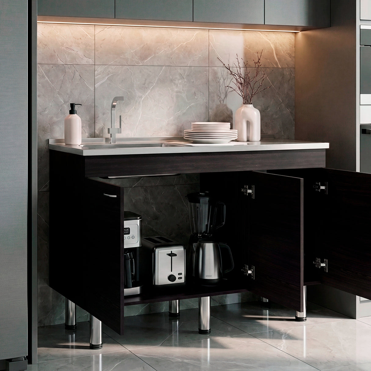 Mueble Inferior de Cocina Oceana Wengue 120x90cm con Mesón de Acero Inoxidable Lado Izquierdo con Un Entrepaño y sin Estufa
