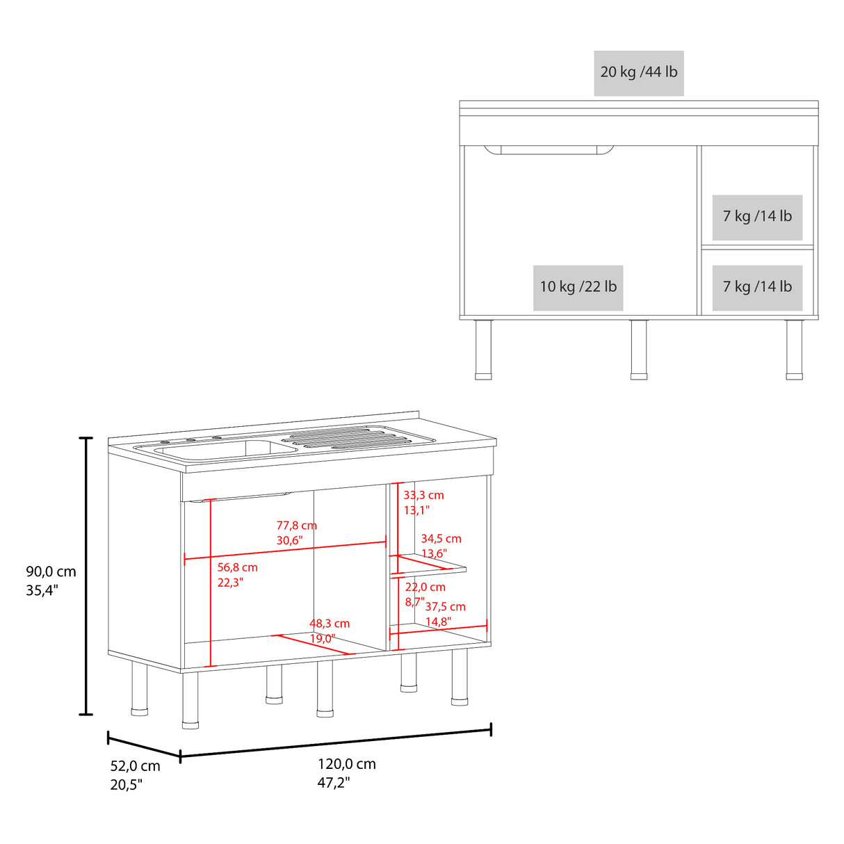 Mueble Inferior de Cocina Oceana Wengue 120x90cm con Mesón de Acero Inoxidable Lado Izquierdo con Un Entrepaño y sin Estufa