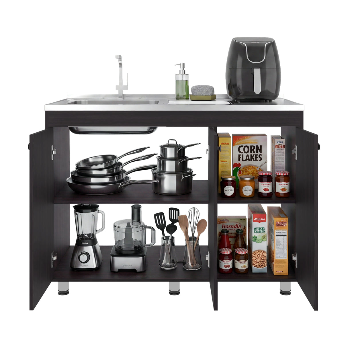 Mueble Inferior de Cocina Napoles Wengue 120x90cm con Mesón de Acero Inoxidable Lado Izquierdo con Dos Entrepaños y sin Estufa