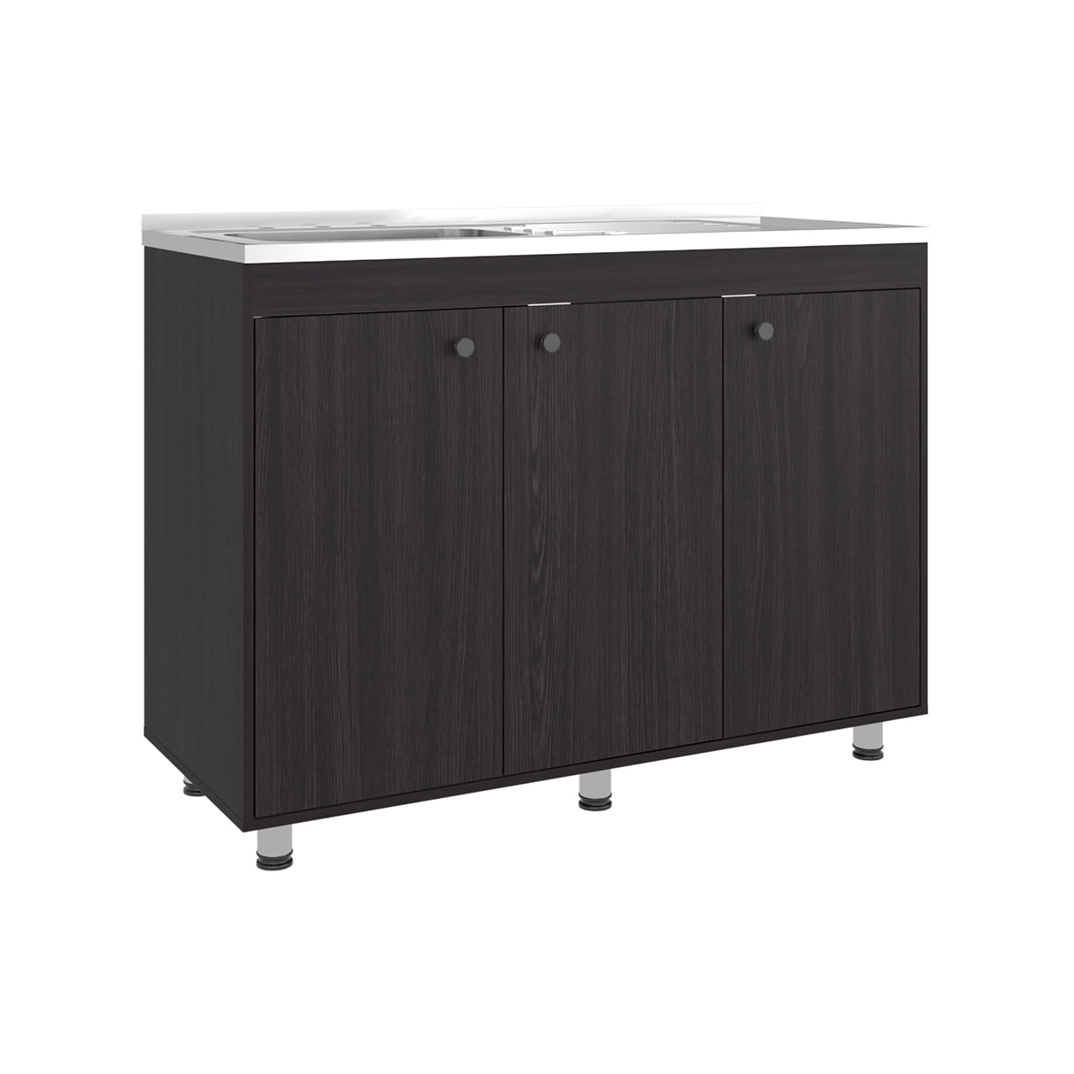 Mueble Inferior de Cocina Napoles Wengue 120x90cm con Mesón de Acero Inoxidable Lado Izquierdo con Dos Entrepaños y sin Estufa