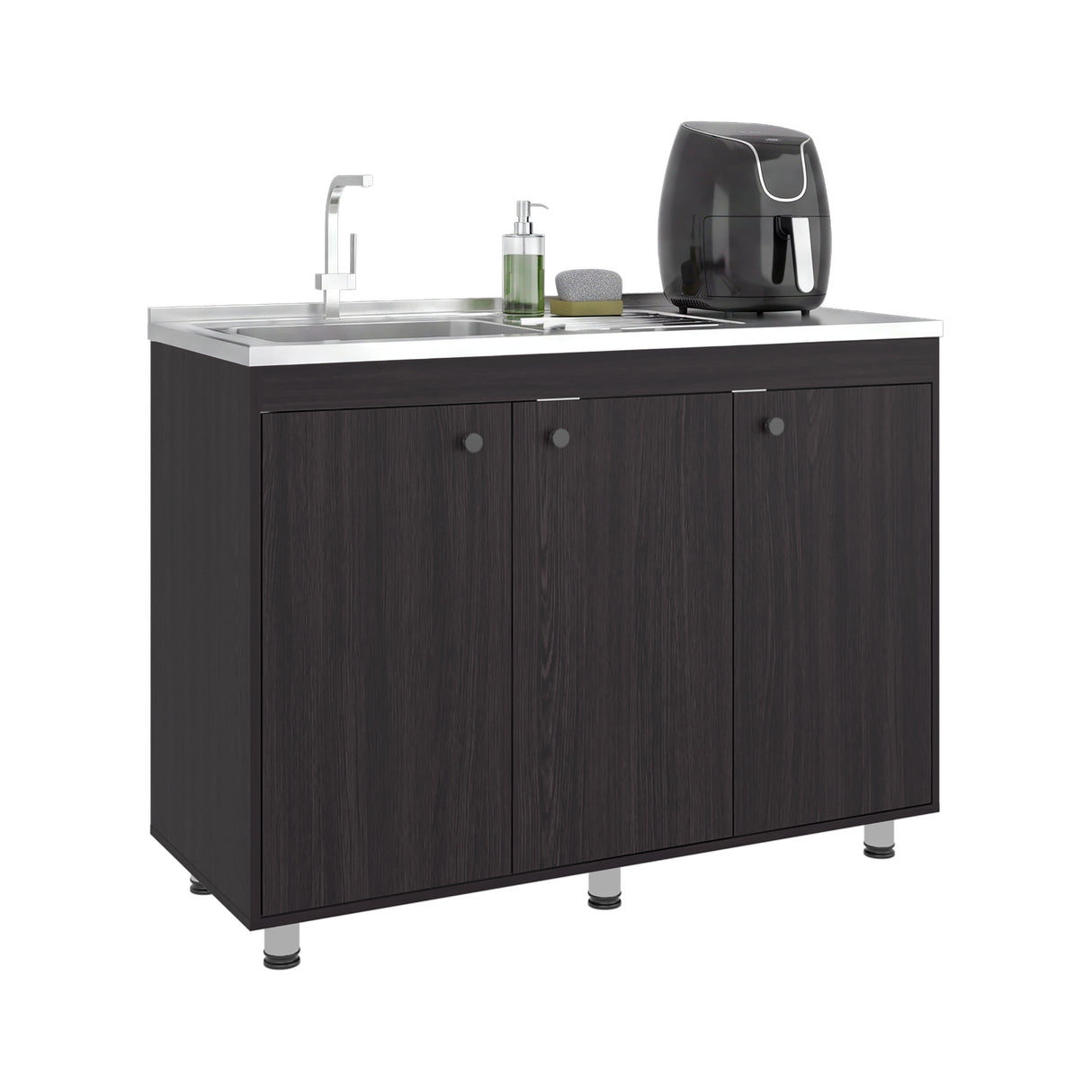Mueble Inferior de Cocina Napoles Wengue 120x90cm con Mesón de Acero Inoxidable Lado Izquierdo con Dos Entrepaños y sin Estufa