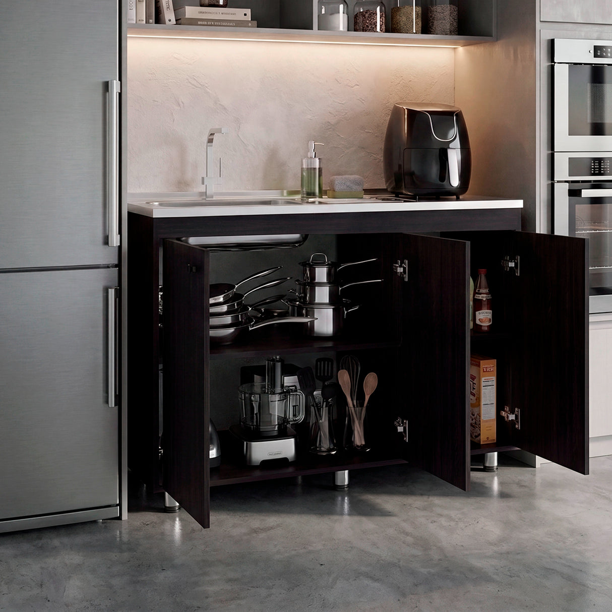Mueble Inferior de Cocina Napoles Wengue 120x90cm con Mesón de Acero Inoxidable Lado Izquierdo con Dos Entrepaños y sin Estufa