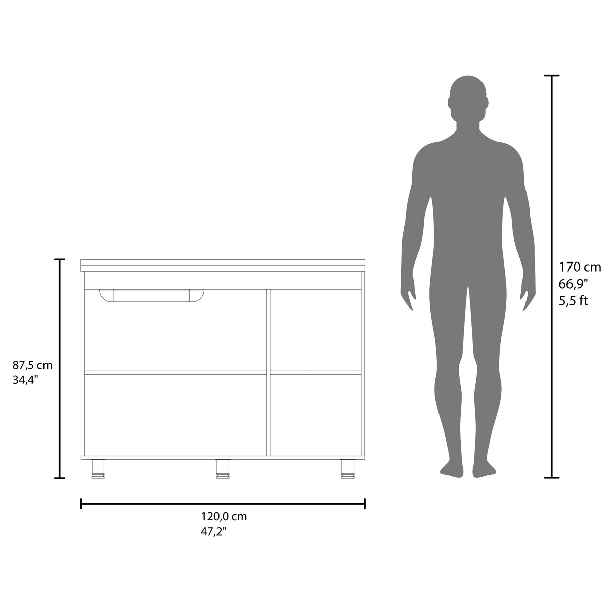 Mueble Inferior de Cocina Napoles Wengue 120x90cm con Mesón de Acero Inoxidable Lado Izquierdo con Dos Entrepaños y sin Estufa
