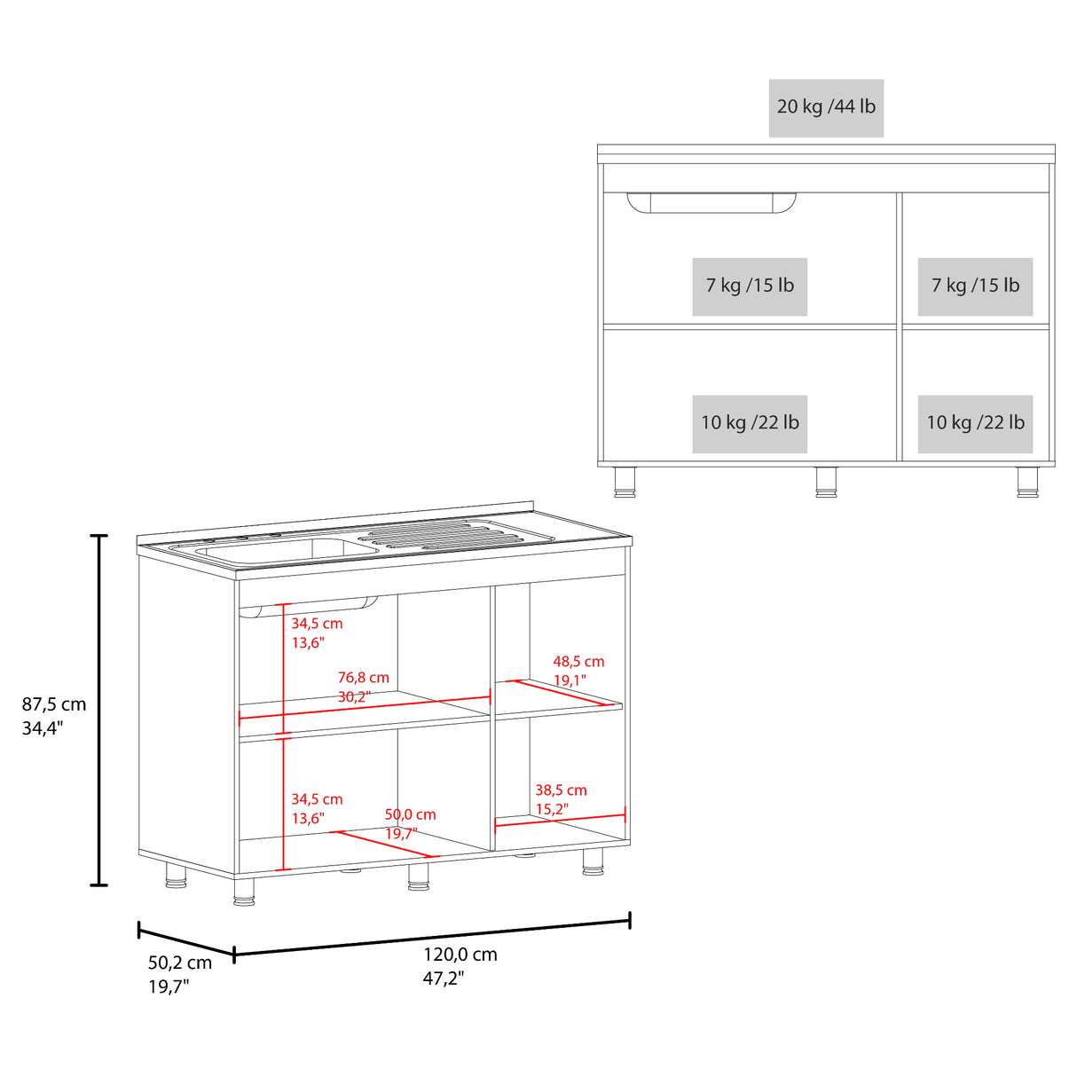 Mueble Inferior de Cocina Napoles Wengue 120x90cm con Mesón de Acero Inoxidable Lado Izquierdo con Dos Entrepaños y sin Estufa