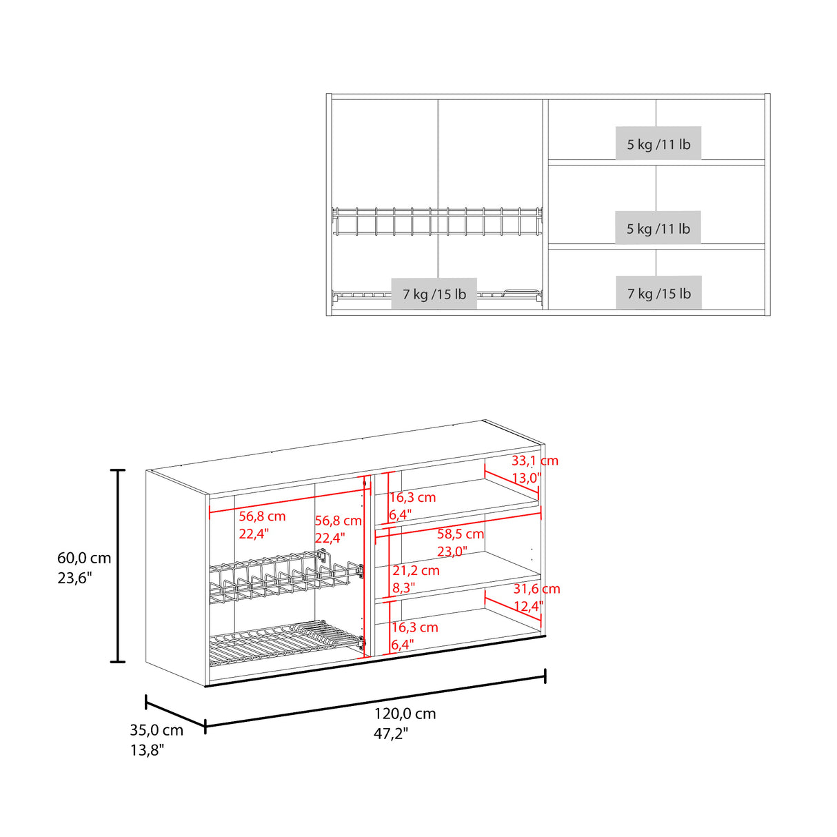 Mueble Superior de Cocina Napoles Wengue 120x60cm con Cuatro Puertas y con Locero