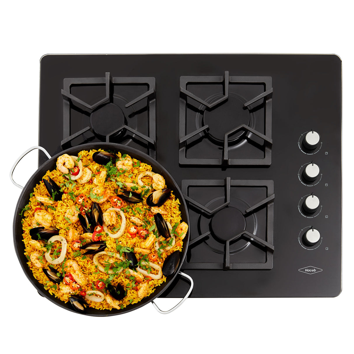 Estufa de Empotrar Haceb Tandoori Cristal Negro 66x54cm 110 Voltios para Gas Natural con Cuatro Quemadores