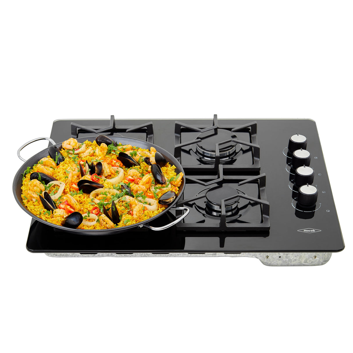 Estufa de Empotrar Haceb Tandoori Cristal Negro 66x54cm 110 Voltios para Gas Natural con Cuatro Quemadores