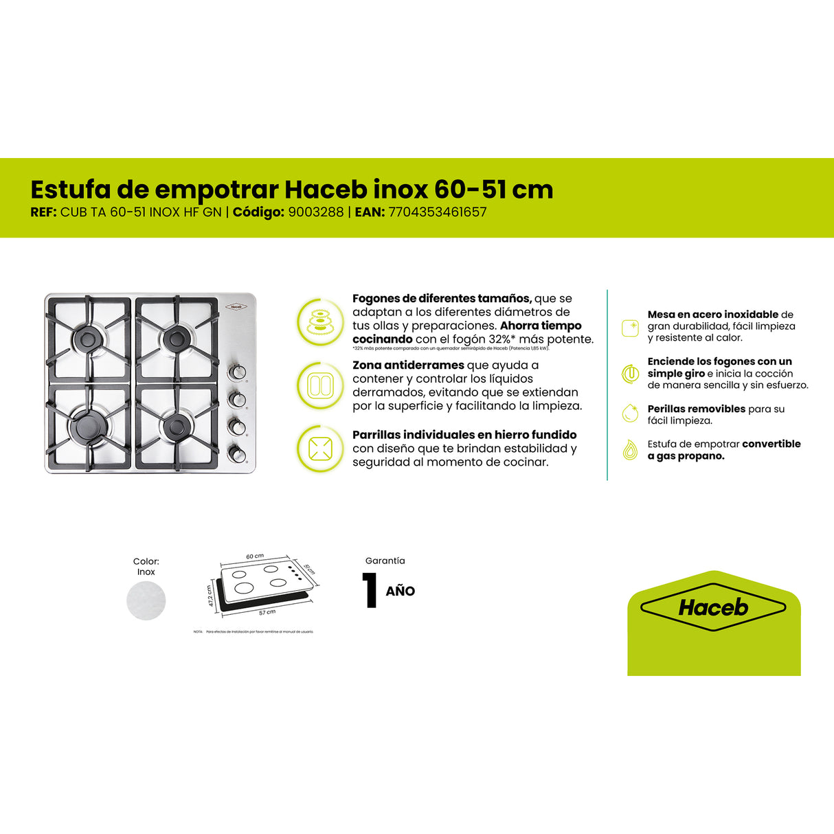 Estufa de Empotrar Haceb Tandoori Hierro Fundido Inox 60x51cm 110 Voltios para Gas Natural con Cuatro Quemadores