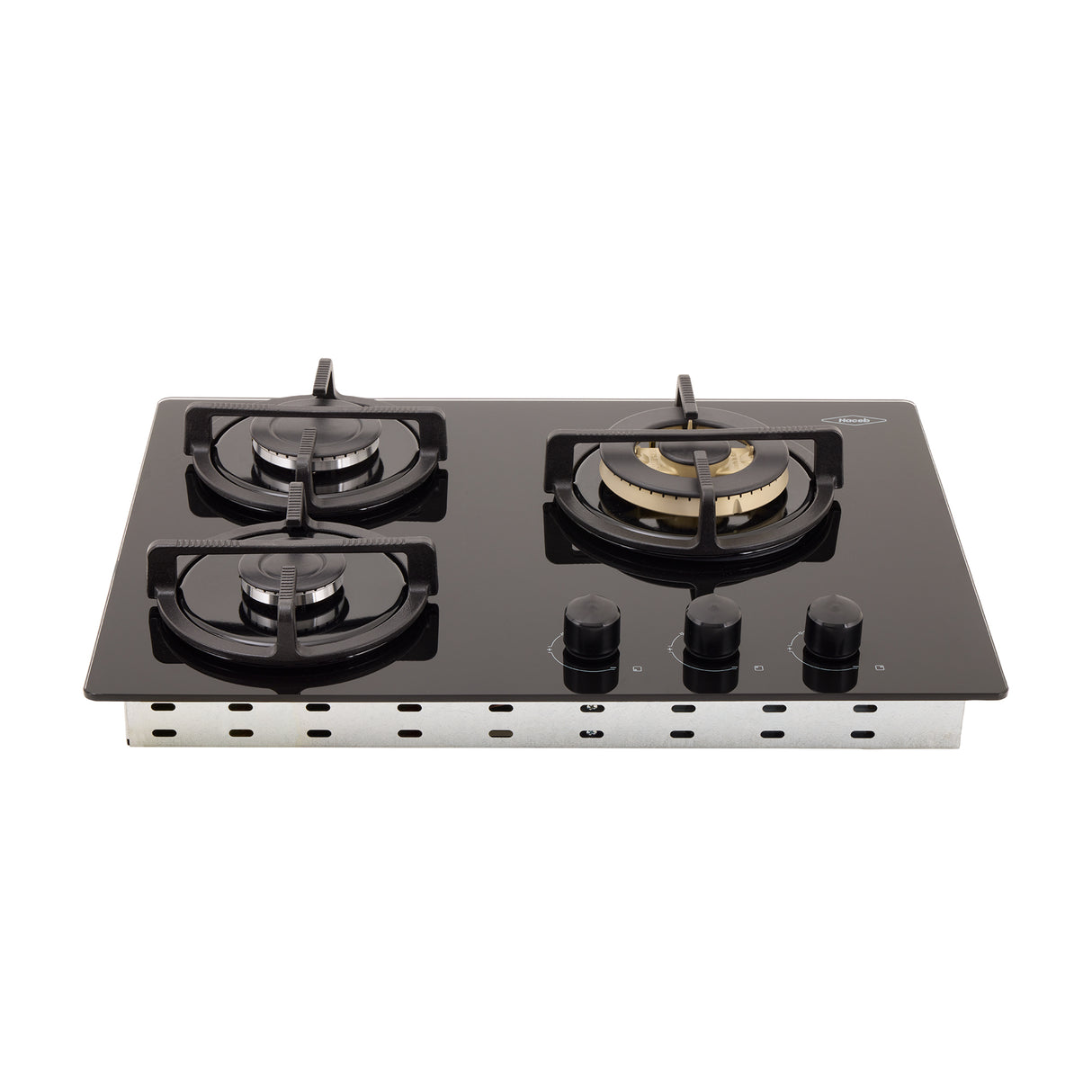Estufa de Empotrar Haceb Cristal Negro y Oro Mate 60x43cm 110 Voltios para Gas Natural con Tres Quemadores