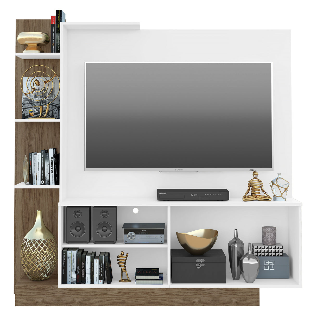 Centro de Entretenimiento Blanco y Castaño 165x164cm Para TV Hasta 55" Pulgadas con Siete Compartimientos y con Ranura para Cables