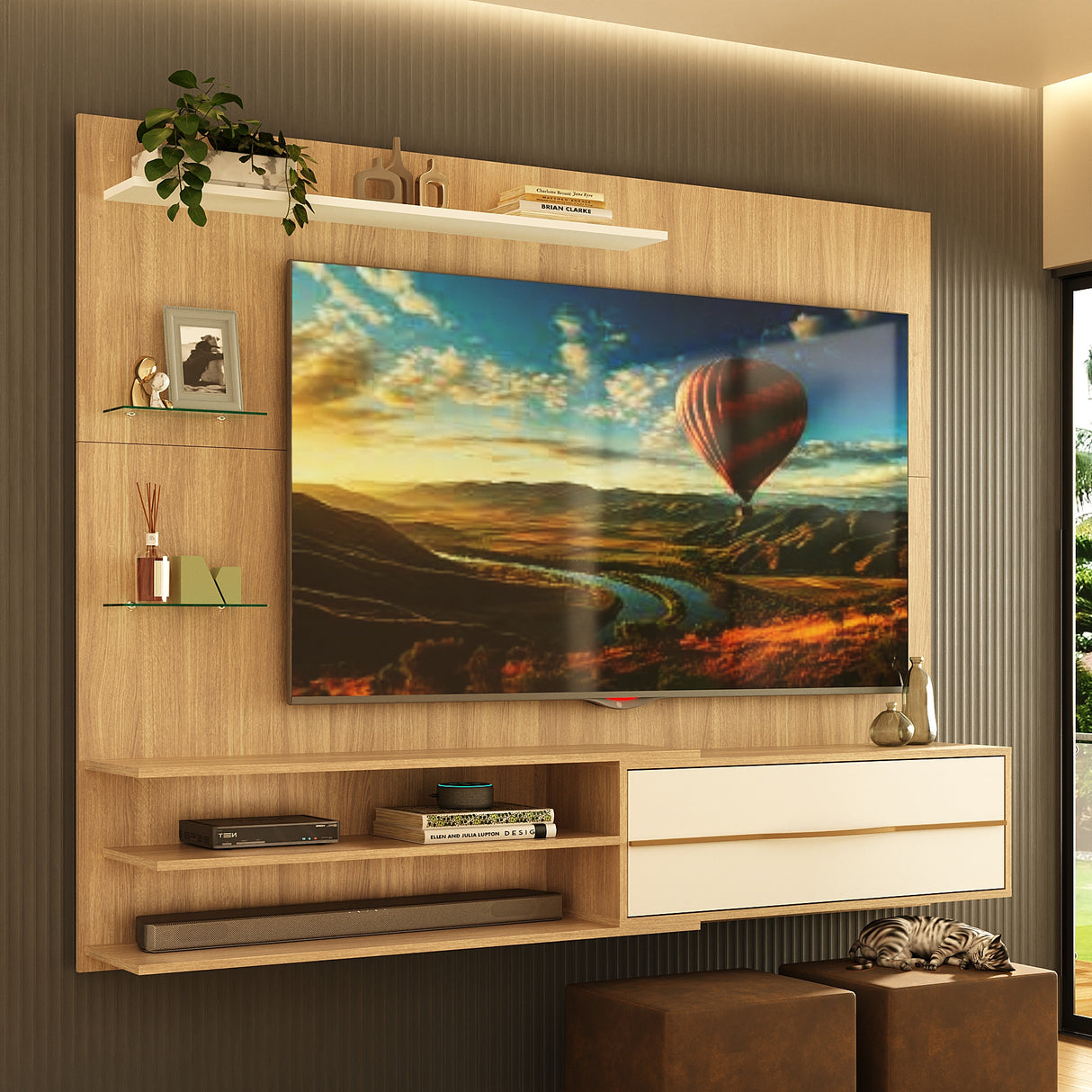 Centro de Entretenimiento Castaño 213x171cm Para TV Hasta 65" Pulgadas con Siete Compartimientos y con Ranura para Cables
