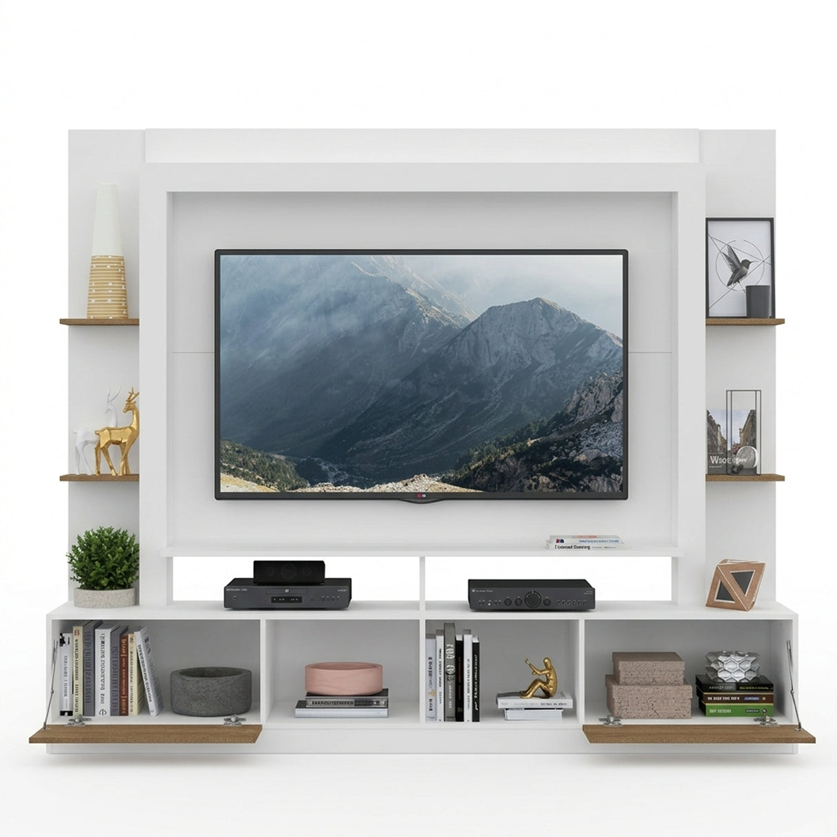Centro de Entretenimiento Blanco 213x171cm Para TV Hasta 65" Pulgadas con Diez Compartimientos y con Ranura para Cables