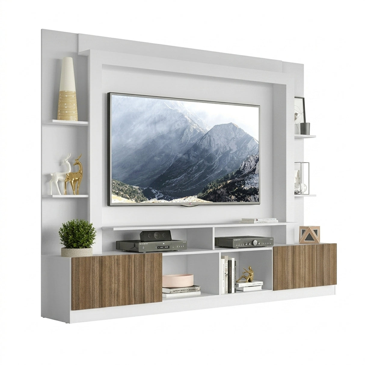 Centro de Entretenimiento Blanco 213x171cm Para TV Hasta 65" Pulgadas con Diez Compartimientos y con Ranura para Cables