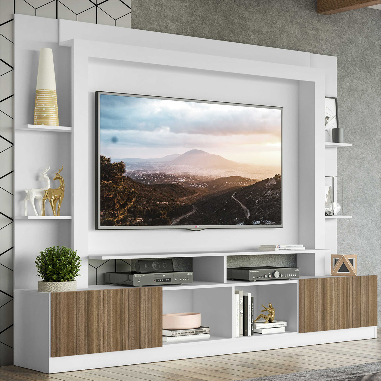 Centro de Entretenimiento Blanco 213x171cm Para TV Hasta 65" Pulgadas con Diez Compartimientos y con Ranura para Cables