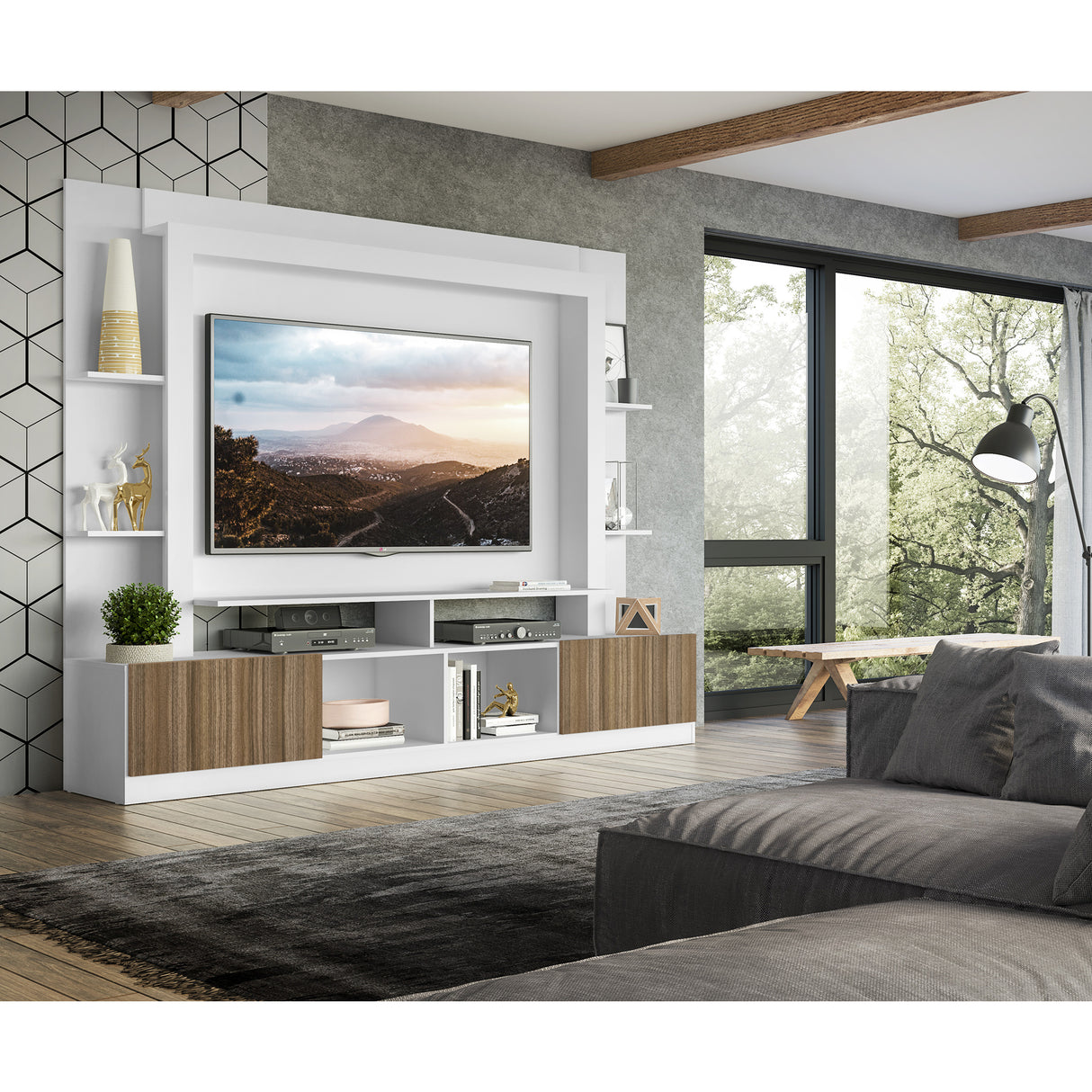 Centro de Entretenimiento Blanco 213x171cm Para TV Hasta 65" Pulgadas con Diez Compartimientos y con Ranura para Cables