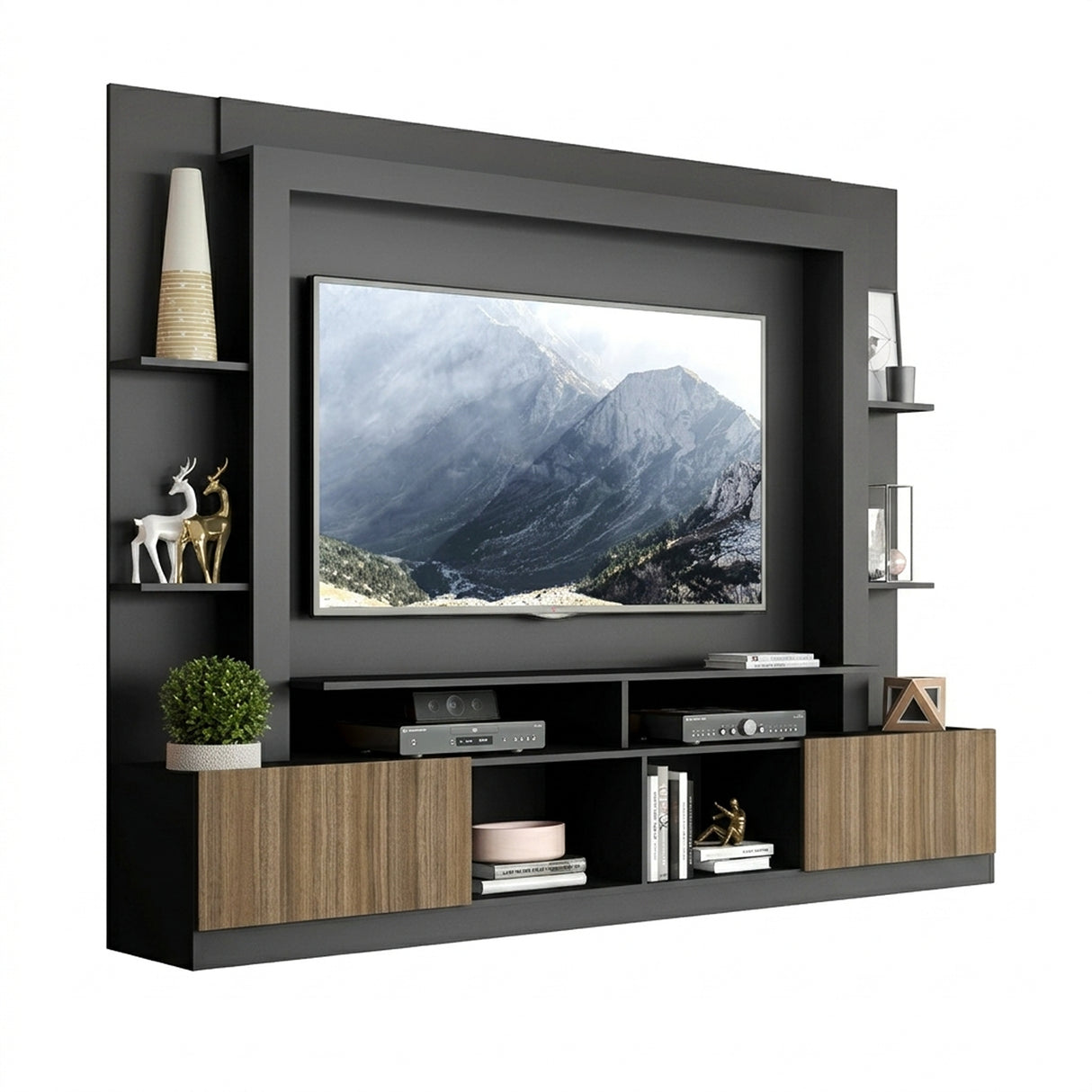 Centro de Entretenimiento Negro Mate 213x171cm Para TV Hasta 65" Pulgadas con Diez Compartimientos y con Ranura para Cables