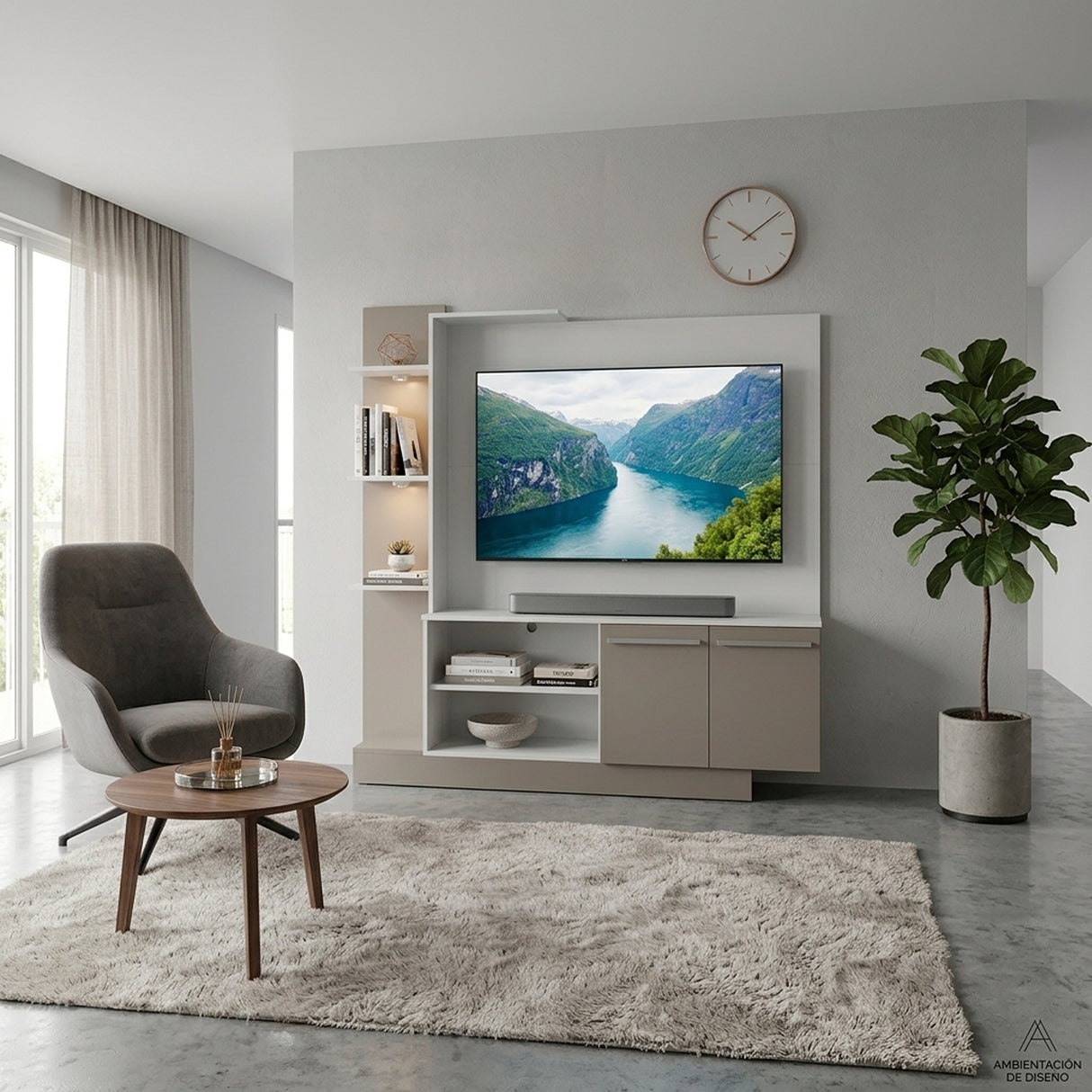 Centro de Entretenimiento Blanco y Gris 165x164cm Para TV Hasta 55" Pulgadas con Seis Compartimientos y con Ranura para Cables
