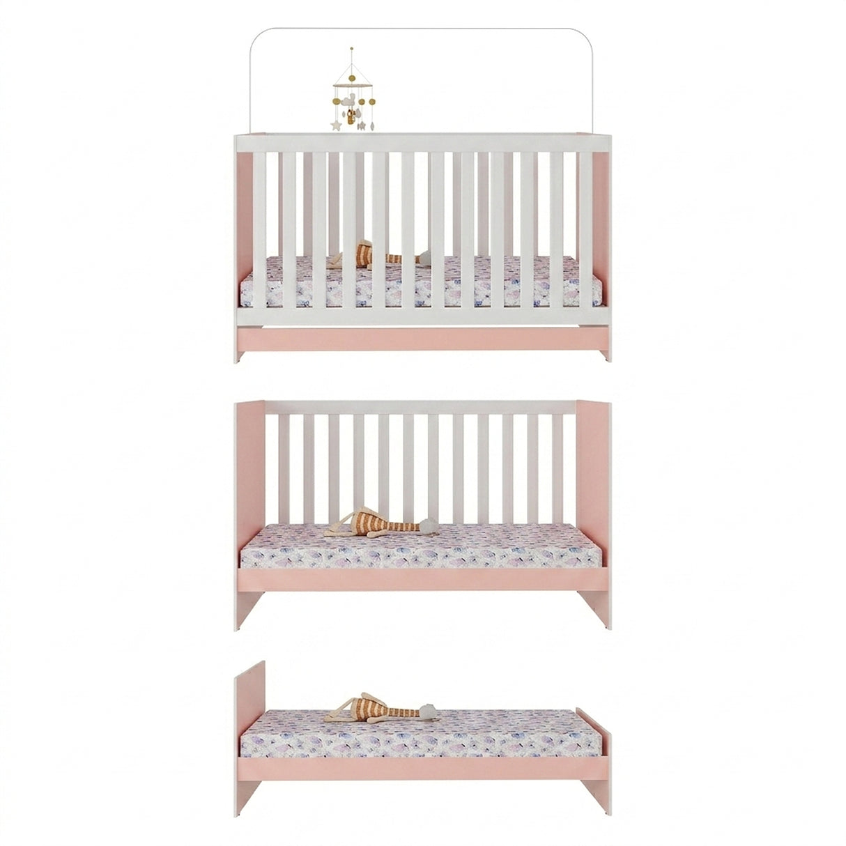 Cuna 3 en 1 Blanco y Rosa 66x80cm para Colchón Infantil 60 X 130 Cm con Colchón y sin Cabecero