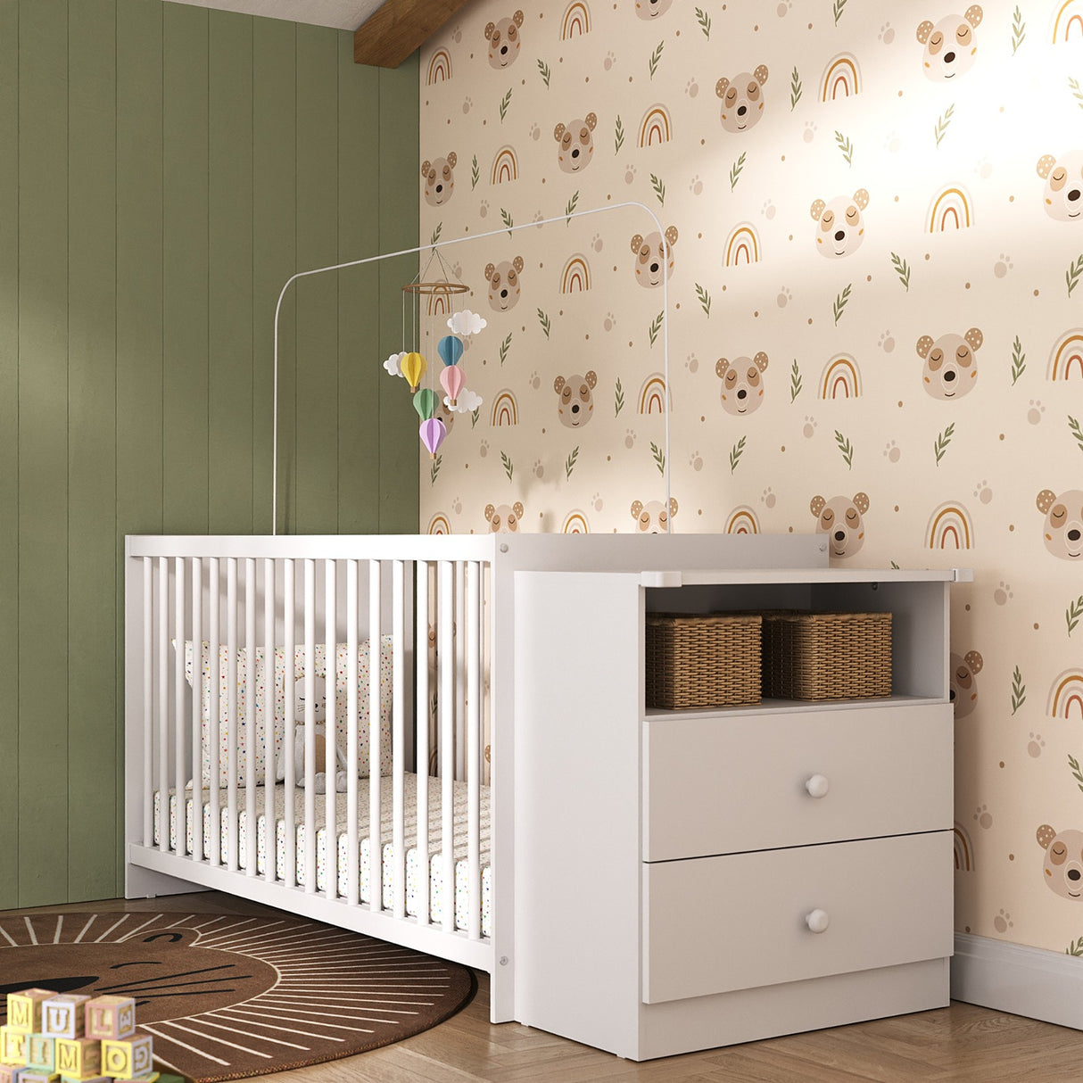 Cuna con Cómoda Blanco 68x73cm para Colchón Infantil 60 X 130 Cm con Colchón y sin Cabecero