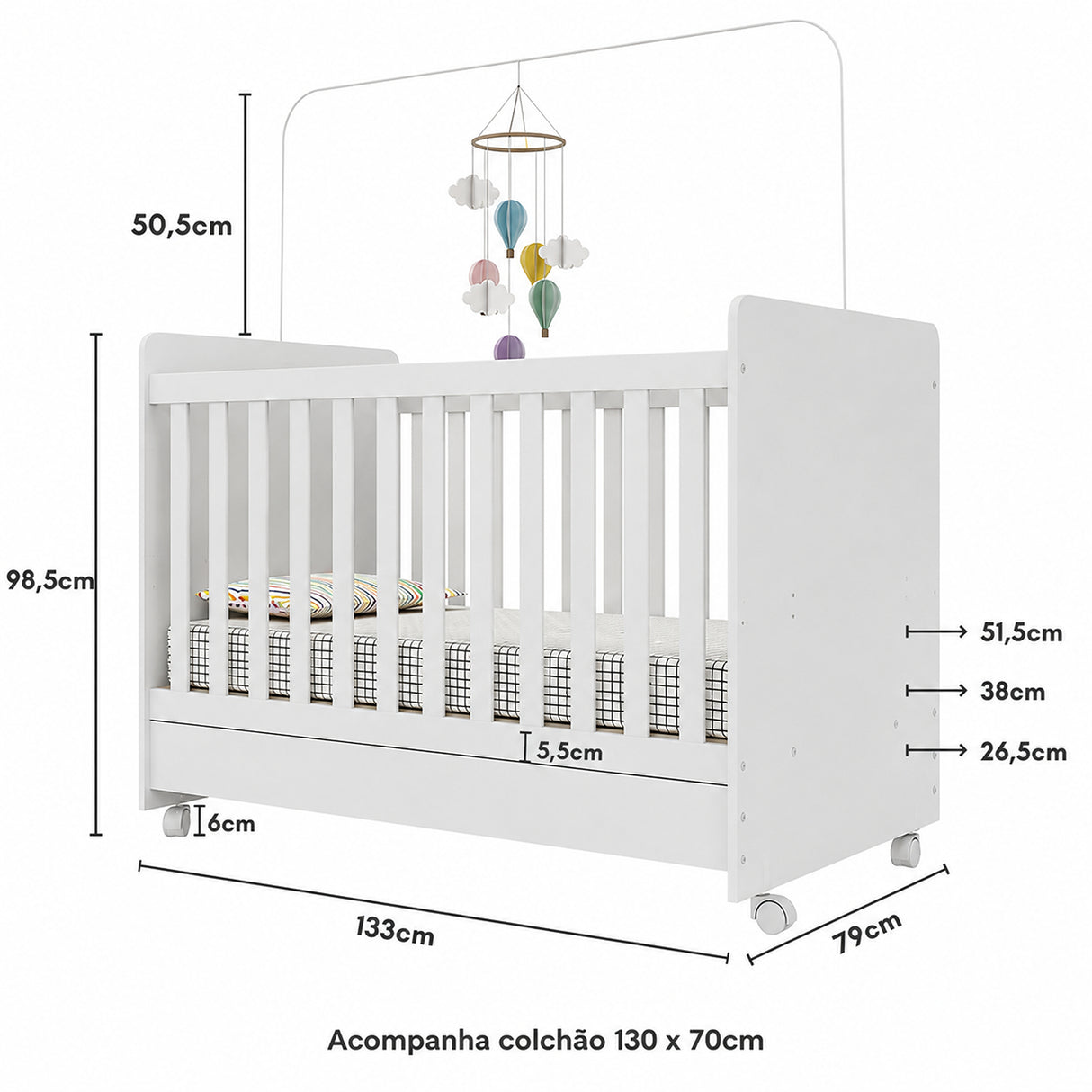 Cuna 3 en 1 Blanco 79x98cm para Colchón Infantil 60 X 130 Cm con Colchón y sin Cabecero