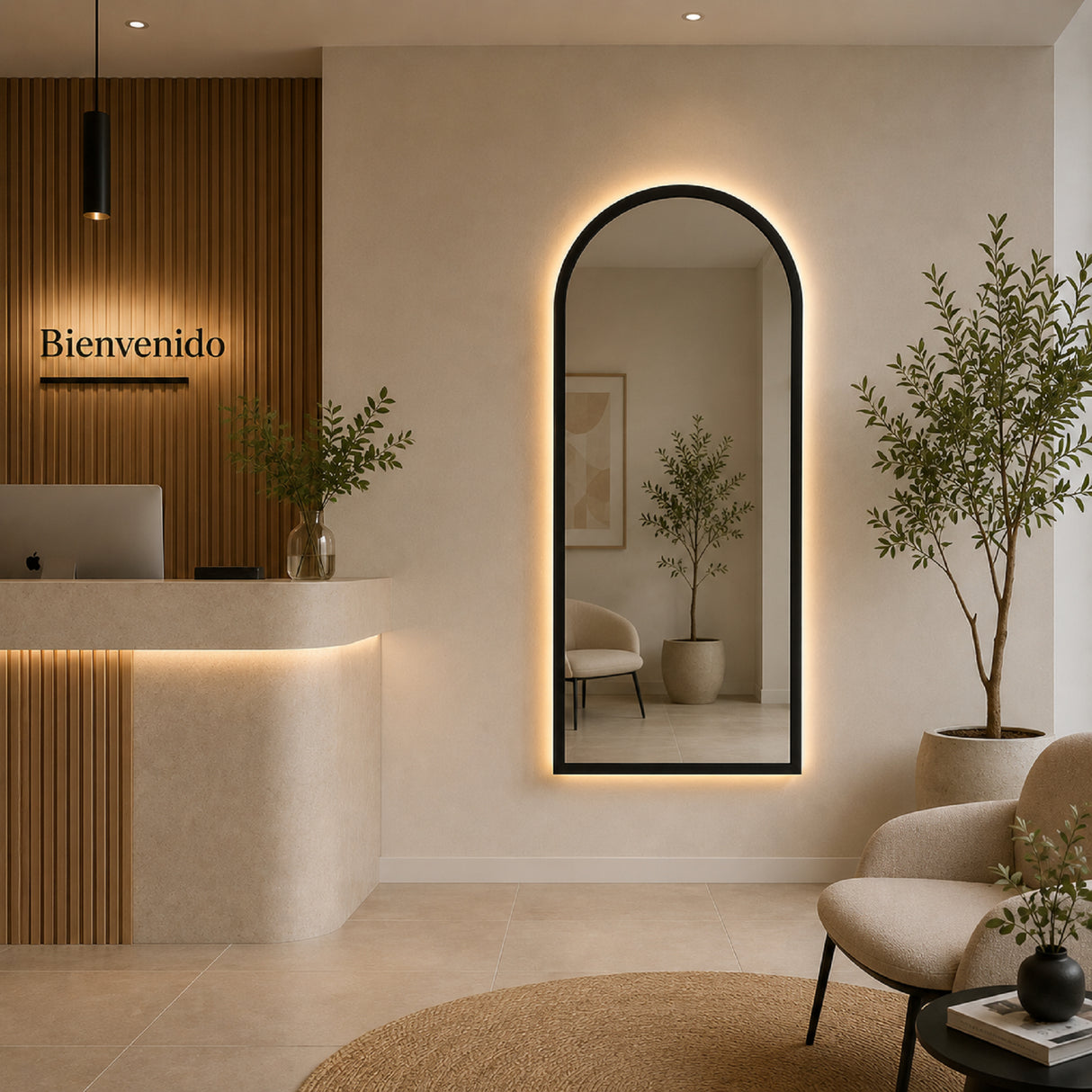 Espejo de Pared Led Negro 60x120cm de Arco Superior Luz Cálida con Marco En Madera