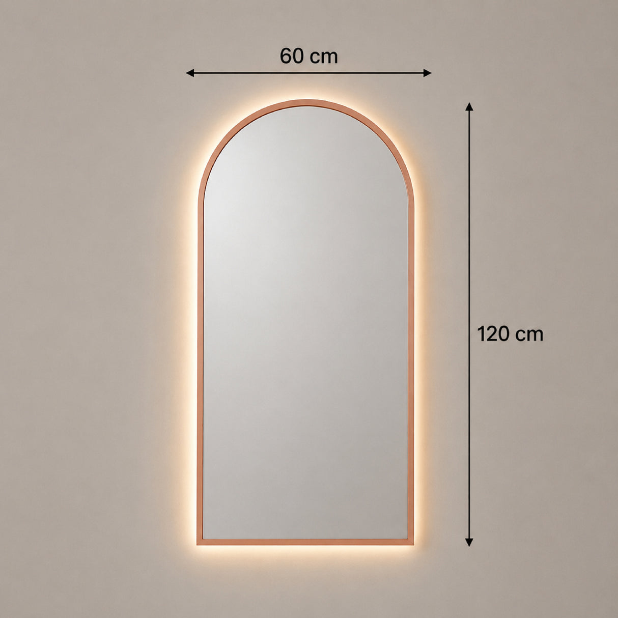 Espejo de Pared Led Oro Rosa 60x120cm de Arco Superior Luz Cálida con Marco En Madera