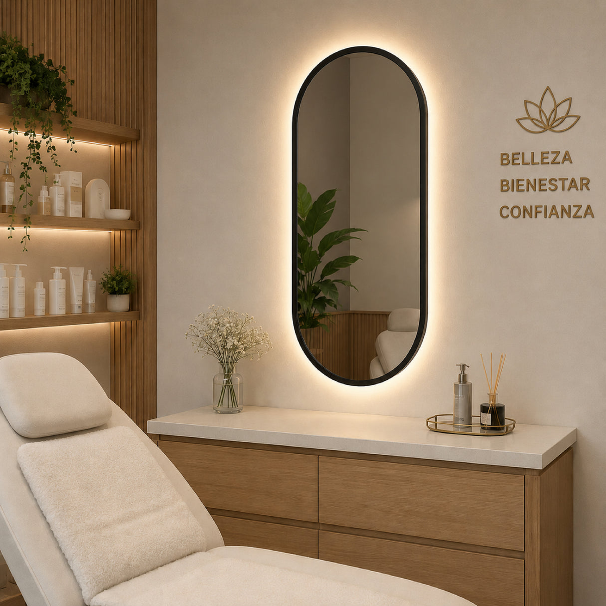 Espejo de Pared Led Negro 40x80cm Ovalado Luz Cálida con Marco En Madera
