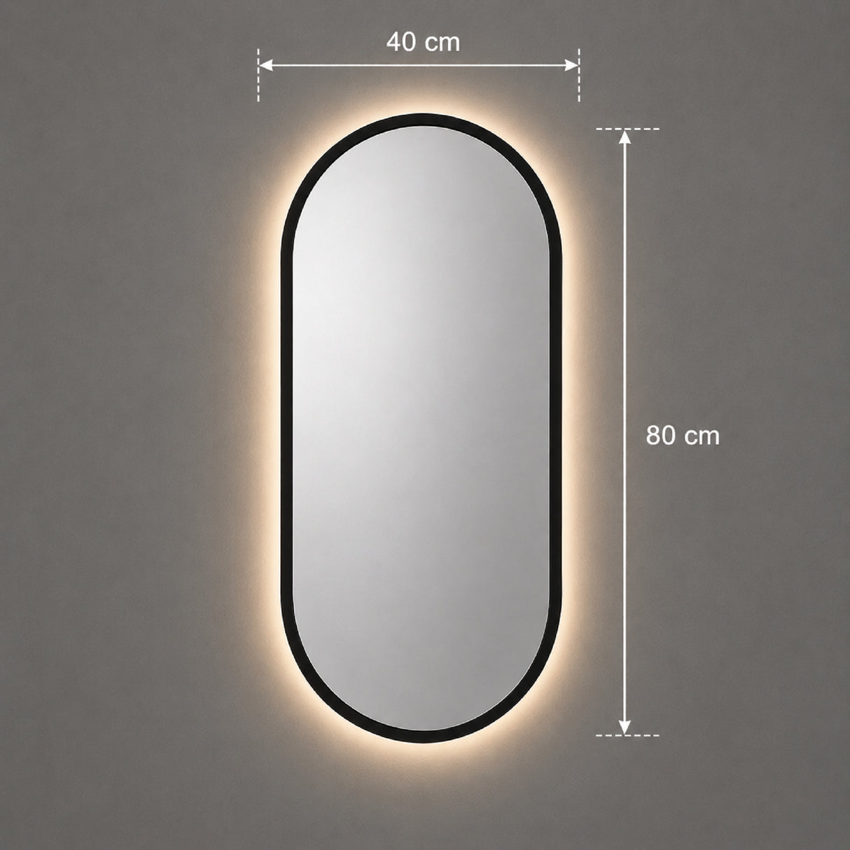 Espejo de Pared Led Negro 40x80cm Ovalado Luz Cálida con Marco En Madera