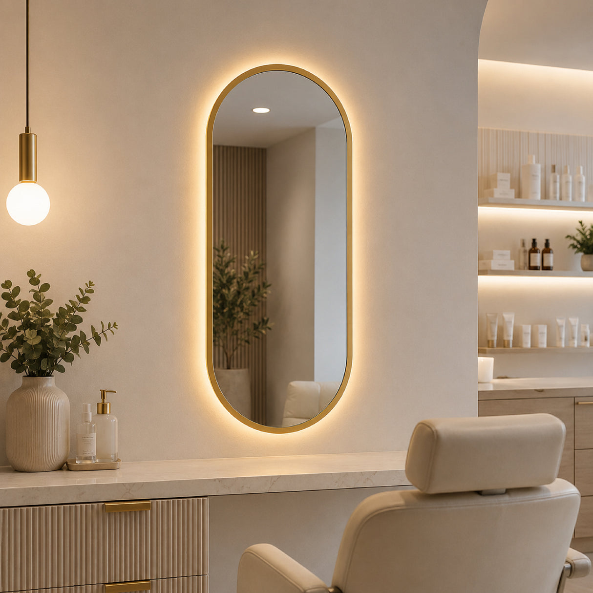 Espejo de Pared Led Dorado 50x100cm Ovalado Luz Cálida con Marco En Madera
