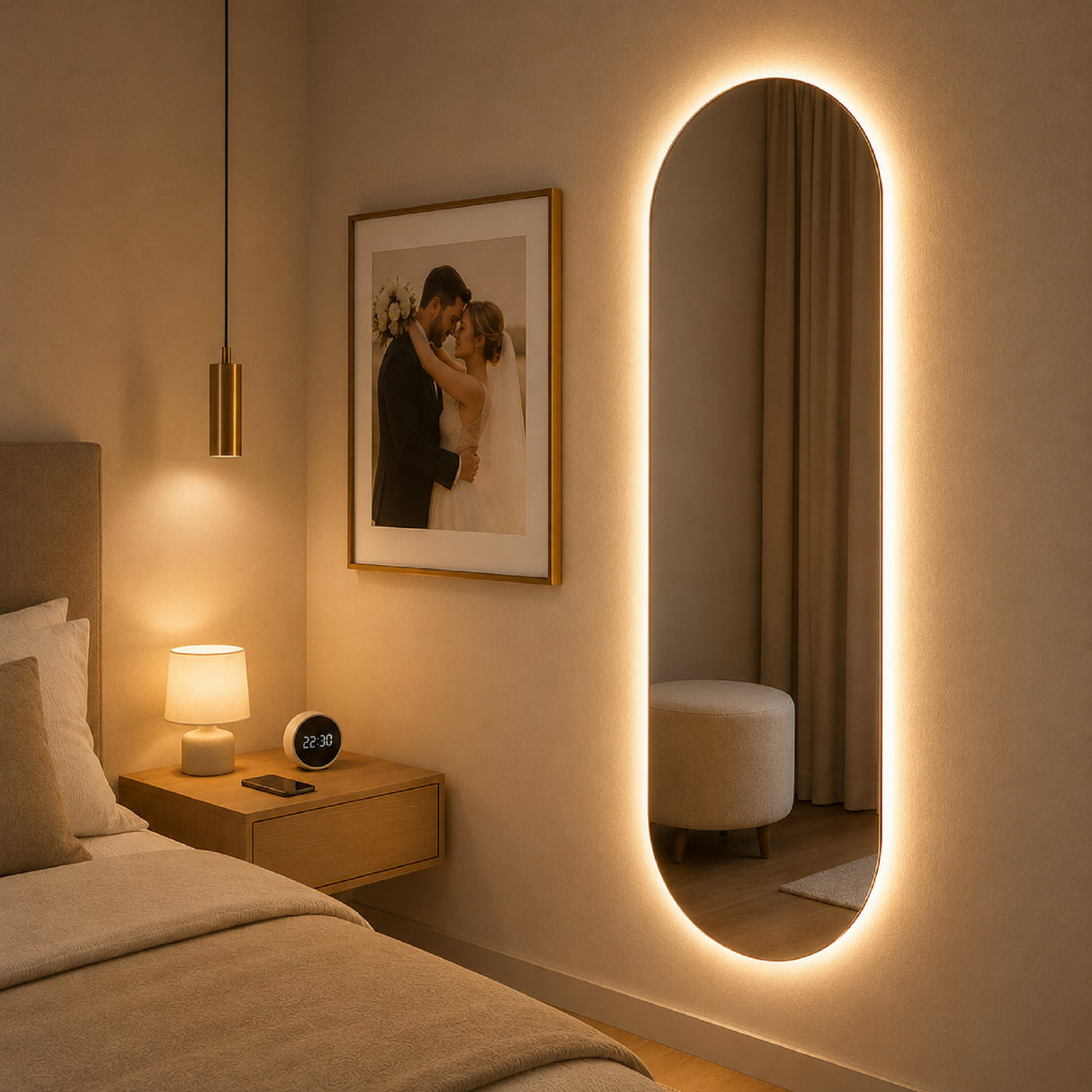 Espejo de Pared Led Porto 50x160cm Ovalado Luz Cálida con Marco En Madera