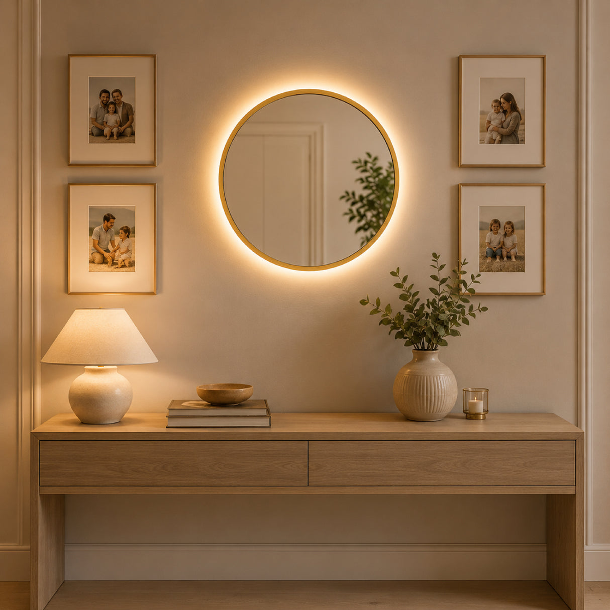 Espejo de Pared Led Dorado 60x60cm Redondo Luz Cálida con Marco En Madera