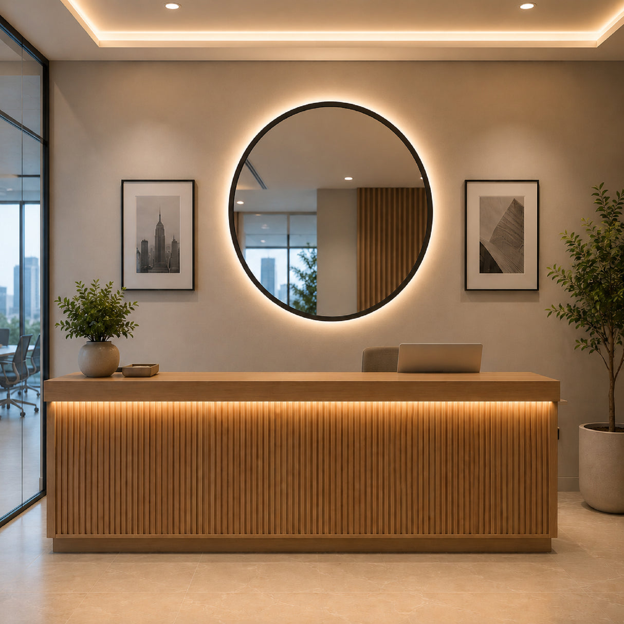 Espejo de Pared Led Negro 80x80cm Redondo Luz Cálida con Marco En Madera