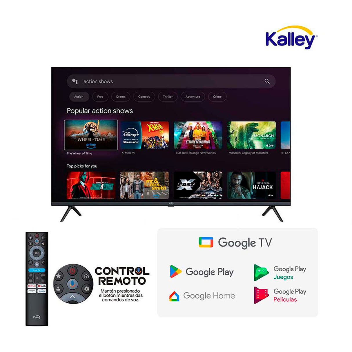 Televisor Kalley Google TV LED Negro 4K 2160P 95.72x60.91cm de 43" Pulgadas Smart con Wifi y Bluetooth