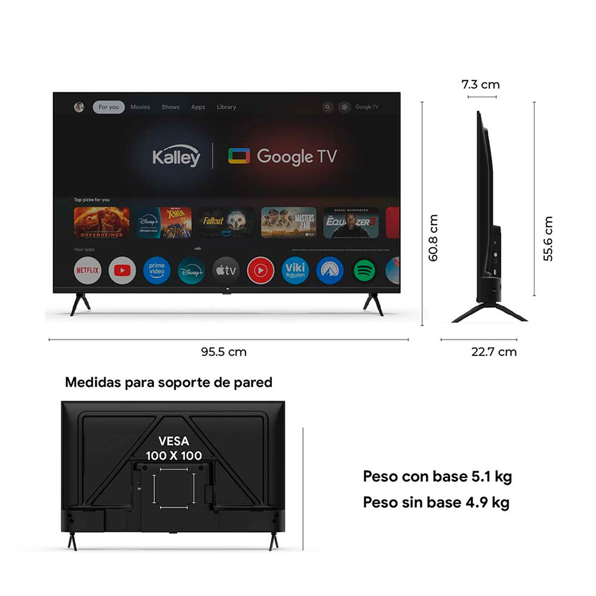 Televisor Kalley Google TV QLED Negro Full HD 1080P 95.5x60.8cm de 43" Pulgadas Smart con Wifi y Bluetooth