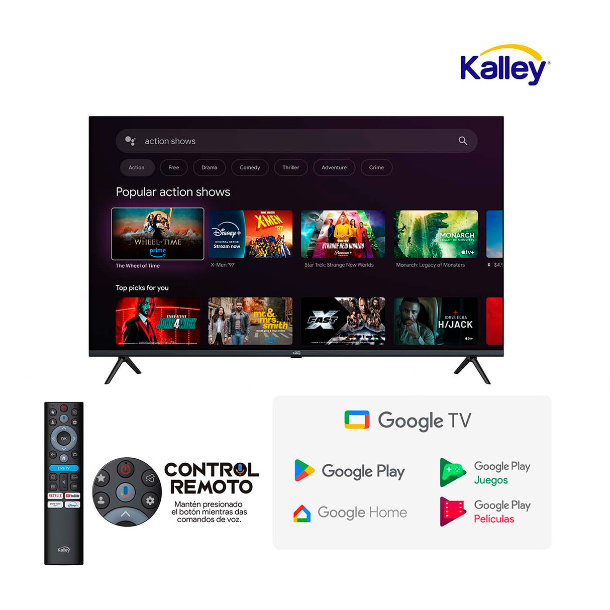 Televisor Kalley Google TV LED Negro 4K 2160P 111.1x71.07cm de 50" Pulgadas Smart con Wifi y Bluetooth